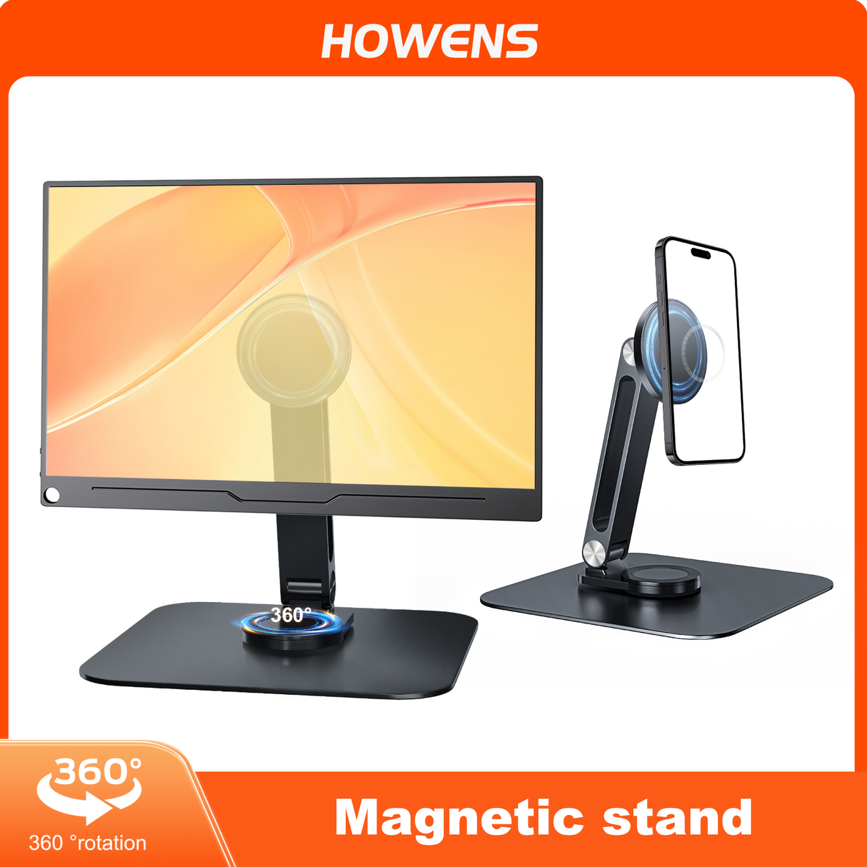 Howens Black Magnetic Metal Stand 360° Rotatable Holder for Portable Monitor, iPad & iPhone Displays, Stable 3KG Bracket