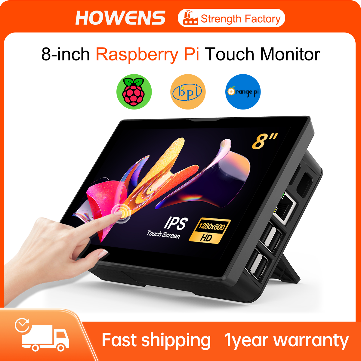 Howens 8" Monitor for Raspberry Pi 5 4 3 Touchscreen 1280x800 16:10 Display HDMI USB Interface for Computer Program Built-in Fans Speakers
