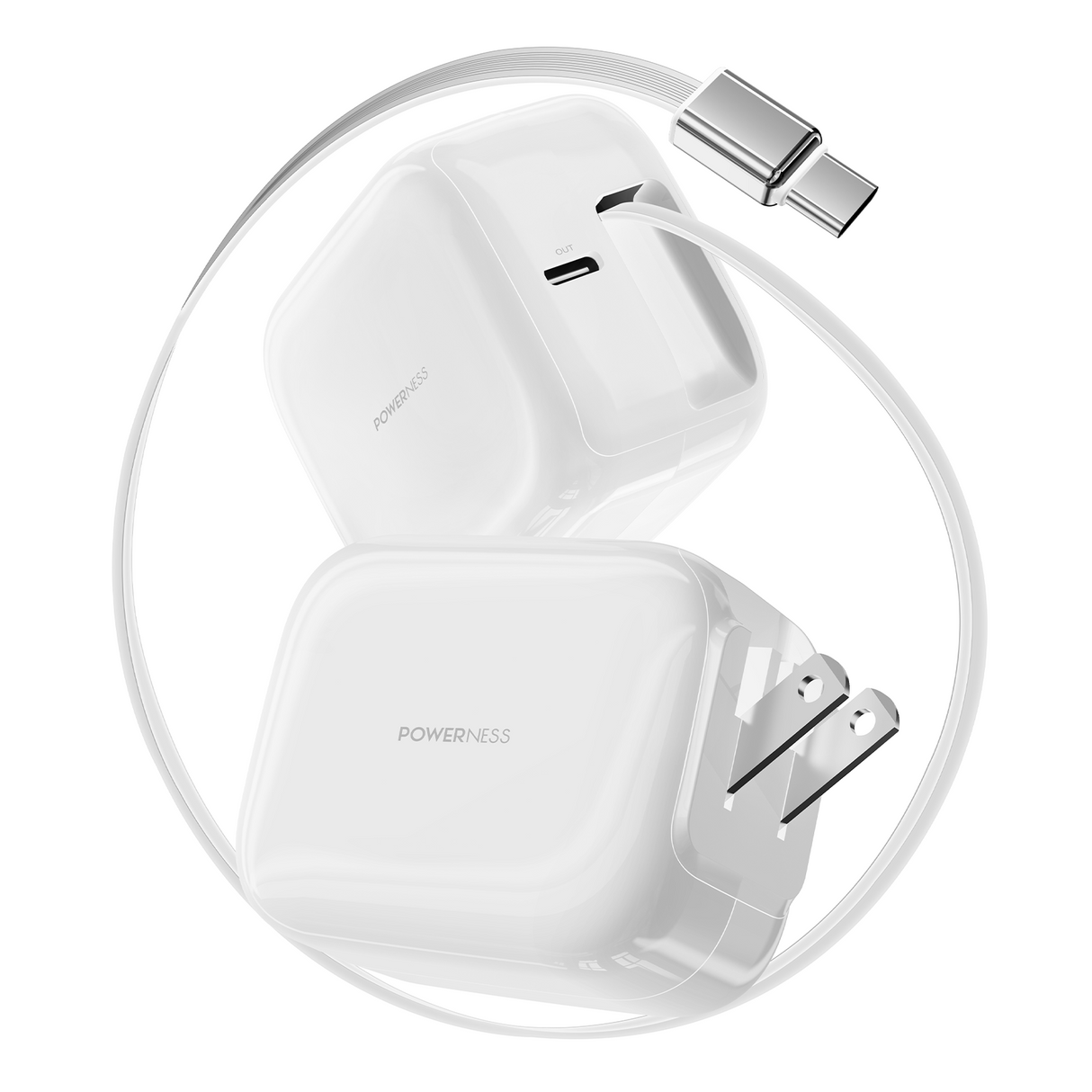 Howens Phone Fast Charger USB-C Type-C Adapter 35W, Up to 60cm Cable Length Retractable, Traveling Charger for iPhone Xiaomi, US UK Plug