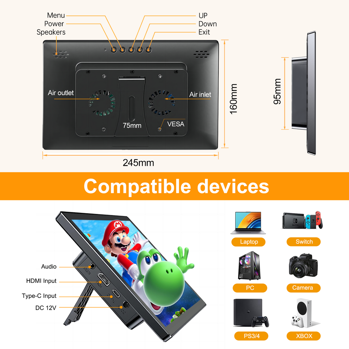 Howens 10.1 inch 1920*1200 Portable Monitor Touch Screen with 72% NTSC 60Hz 5-Point Touchscreen Dual Speakers for Laptop Car Display