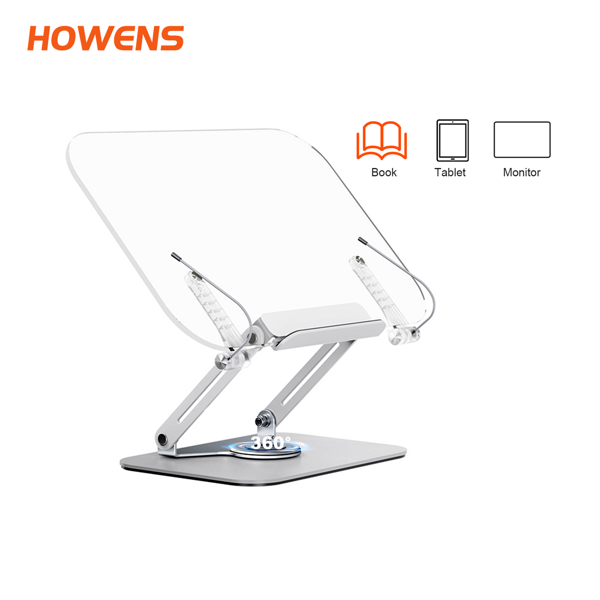 Howens Acrylic Transparent Reading Stand, 360° Rotation & Adjustable Angle for Books Tablets Monitors Laptop