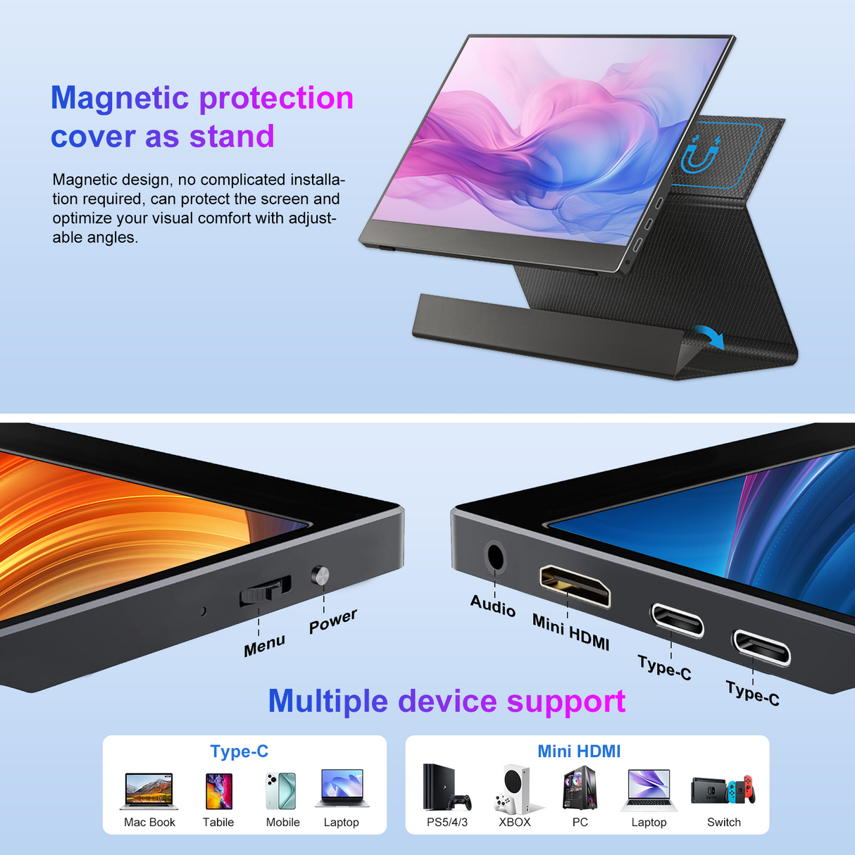 Howens 13.3‘’ Portable Monitor 2560*1600 Gaming 2.5K FHD Screen HDMI Type-C Display for PS4 PS5 Xbox Switch Laptop Phone