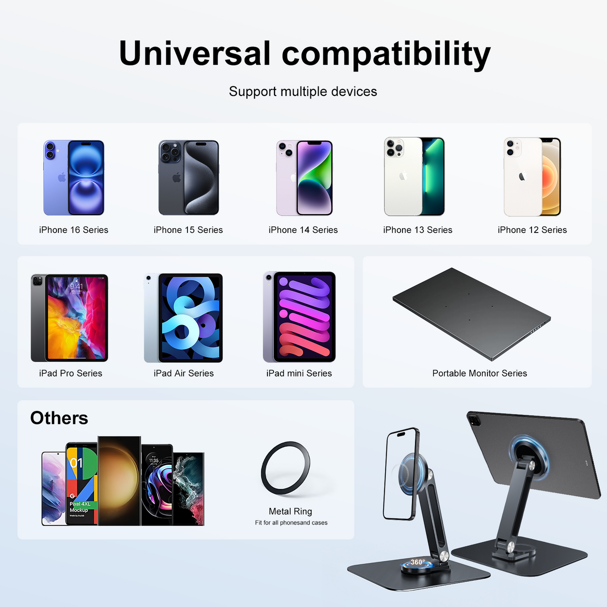 Howens Black Magnetic Metal Stand 360° Rotatable Holder for Portable Monitor, iPad & iPhone Displays, Stable 3KG Bracket