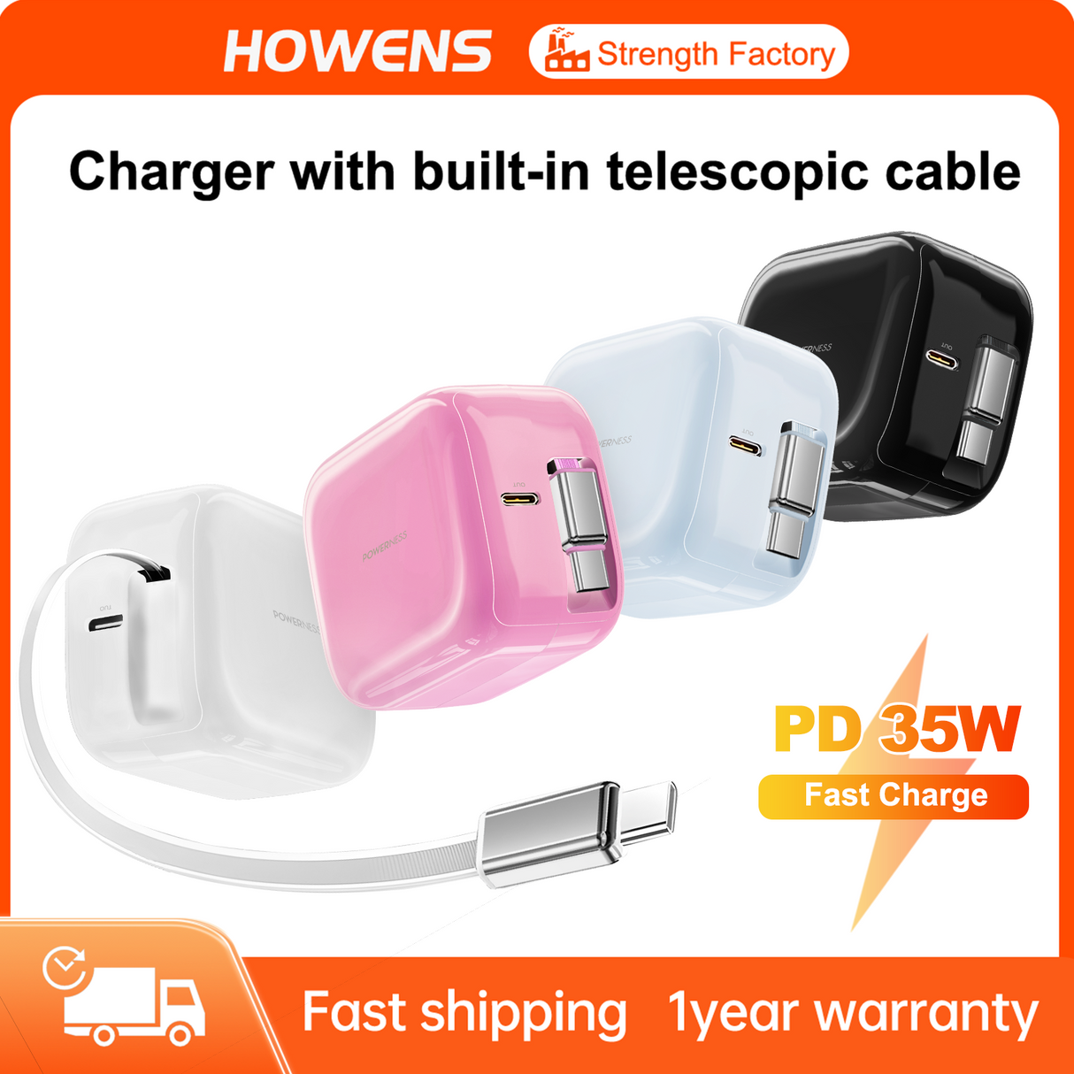 Howens Phone Fast Charger USB-C Type-C Adapter 35W, Up to 60cm Cable Length Retractable, Traveling Charger for iPhone Xiaomi, US UK Plug