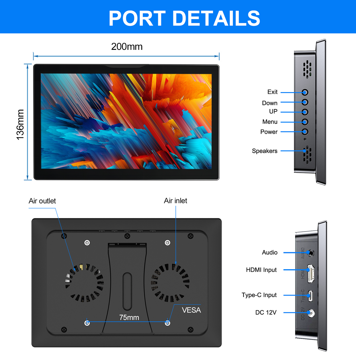 Howens 8" Monitor for Raspberry Pi 5 4 3 Touchscreen 1280x800 16:10 Display HDMI USB Interface for Computer Program Built-in Fans Speakers