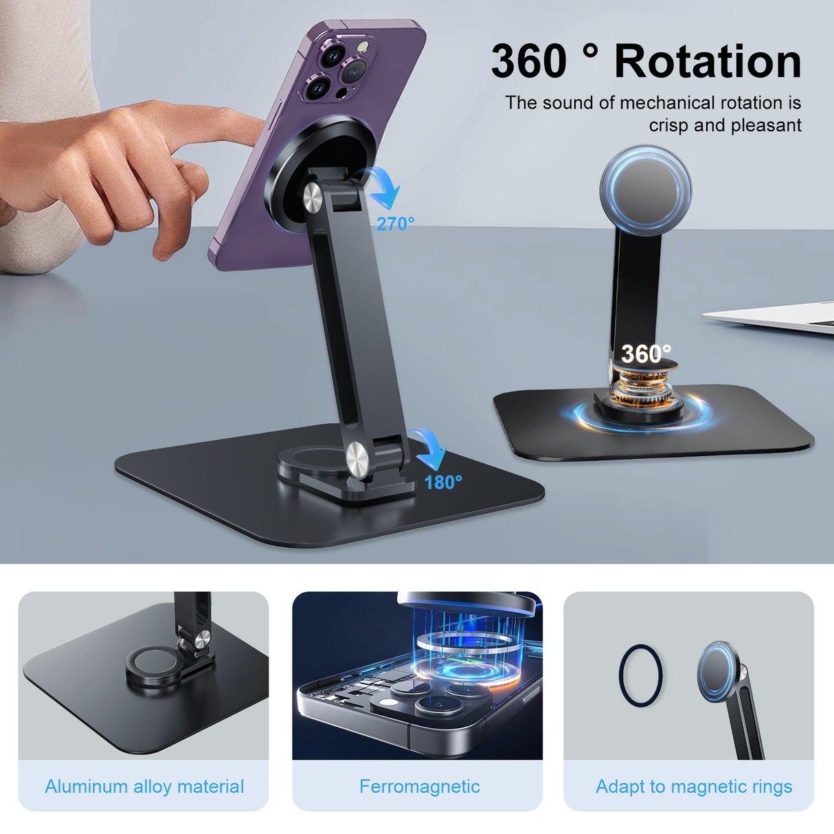 Howens Black Magnetic Metal Stand 360° Rotatable Holder for Portable Monitor, iPad & iPhone Displays, Stable 3KG Bracket
