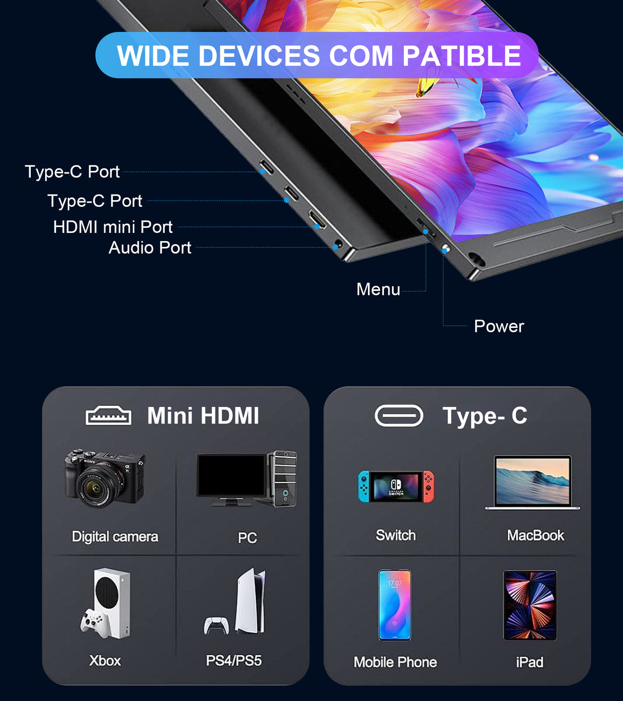 Howens 13.3‘’ 2.5K Portable Monitor, QHD 2560*1600 IPS 60Hz Gaming Monitor Screen Second Display HDMI Type-C for Laptop PS5 4 Xbox Switch