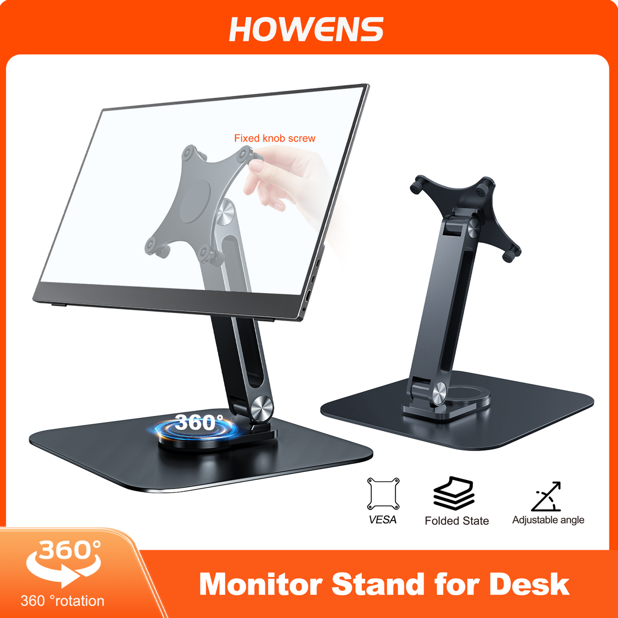 Howens 360 Rotation Aluminum Alloy Stand for Protable Monitor VESA 75*75MM Come with 4 M4 Screws(won't fall), Table Bracket Adjustable, Bases Strong Load Capacity, Super Stable