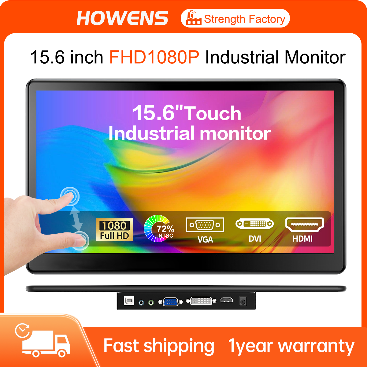 Howens 15.6" Monitor Industrial Touchscreen 1920x1080 Laptop Display HDMI 75x75mm VESA VGA BNC AV USB PC Extra Second Screen