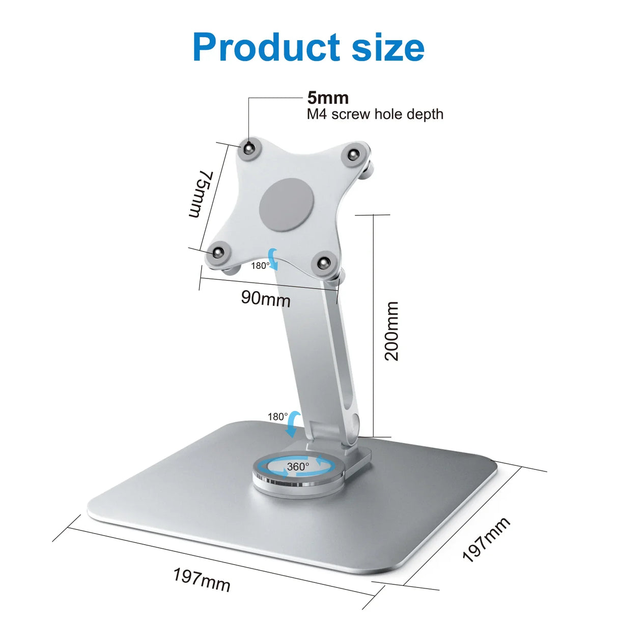 Howens 360 Rotation Aluminum Alloy Stand for Protable Monitor VESA 75*75MM Come with 4 M4 Screws(won't fall), Table Bracket Adjustable, Bases Strong Load Capacity, Super Stable