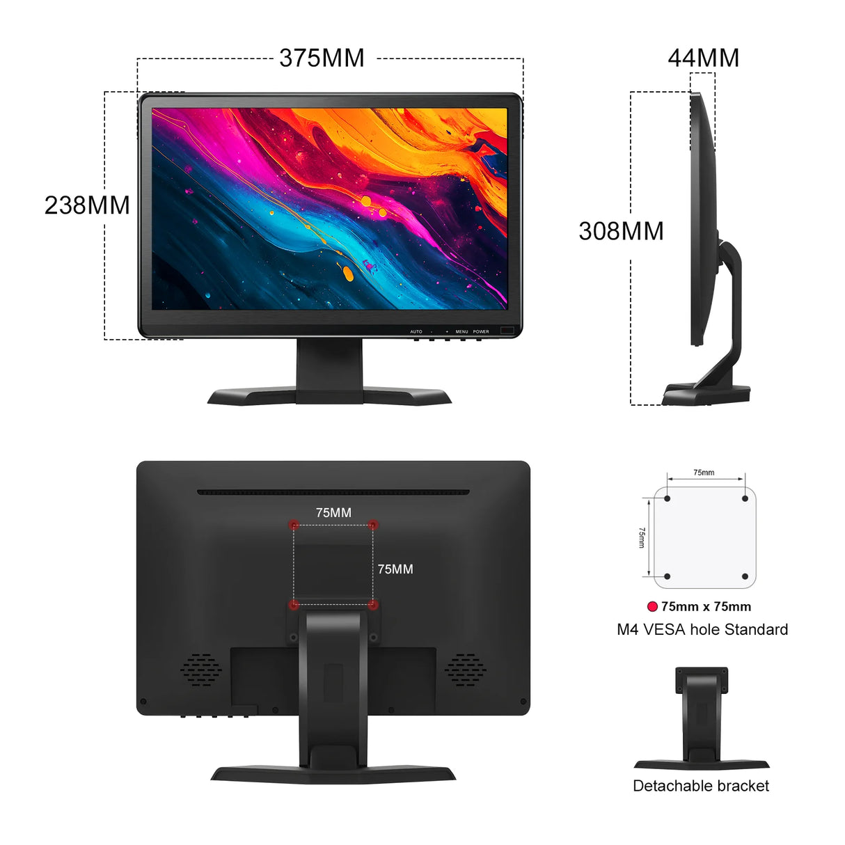 15.6 inch IPS Monitor Full HD 1920x1080 Multi-Interface HDMI VGA DVI VESA Support for Automation Control Office Meeting Gaming