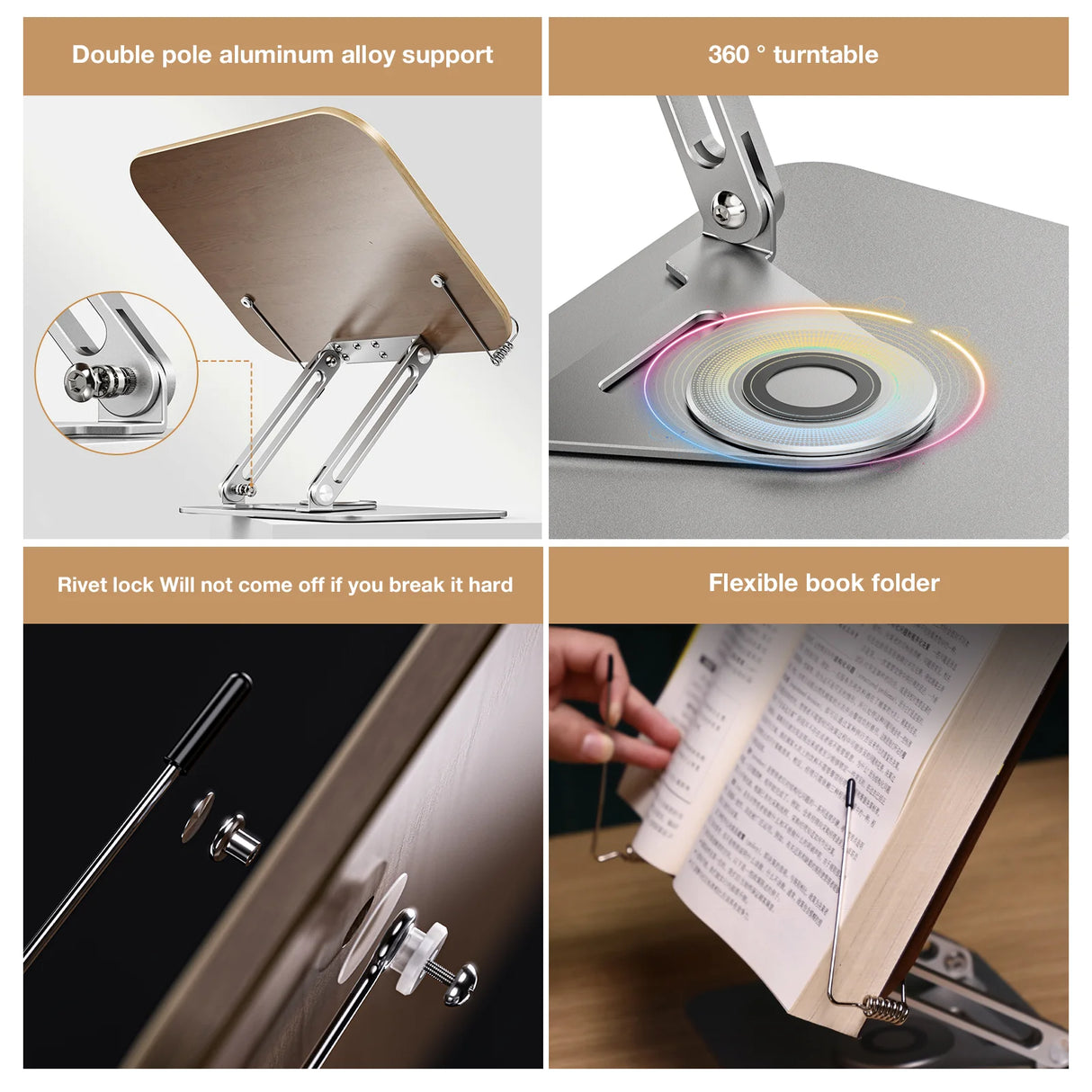 Howens 360° Rotating Foldable Reading Stand with Aluminum Support & Book Clip for Hands-free Reading