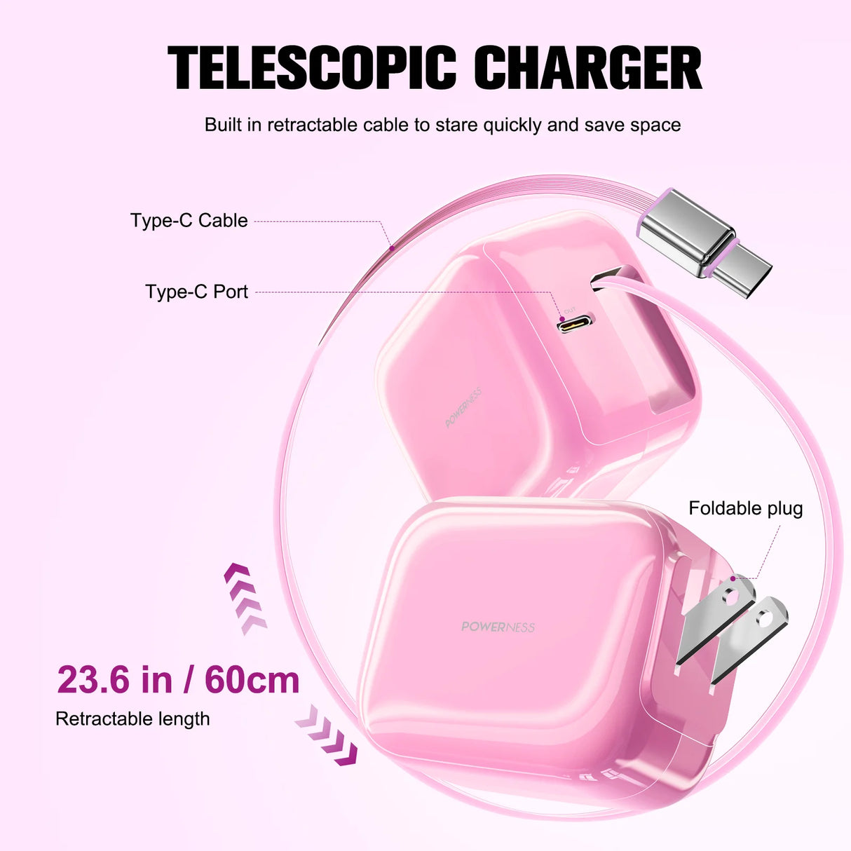 Howens Phone Fast Charger USB-C Type-C Adapter 35W, Up to 60cm Cable Length Retractable, Traveling Charger for iPhone Xiaomi, US UK Plug