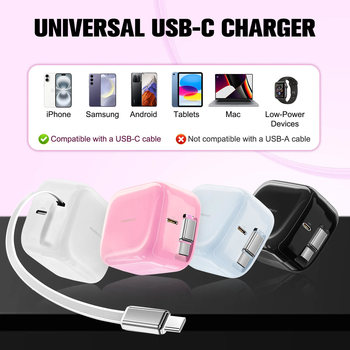 Howens Phone Fast Charger USB-C Type-C Adapter 35W, Up to 60cm Cable Length Retractable, Traveling Charger for iPhone Xiaomi, US UK Plug
