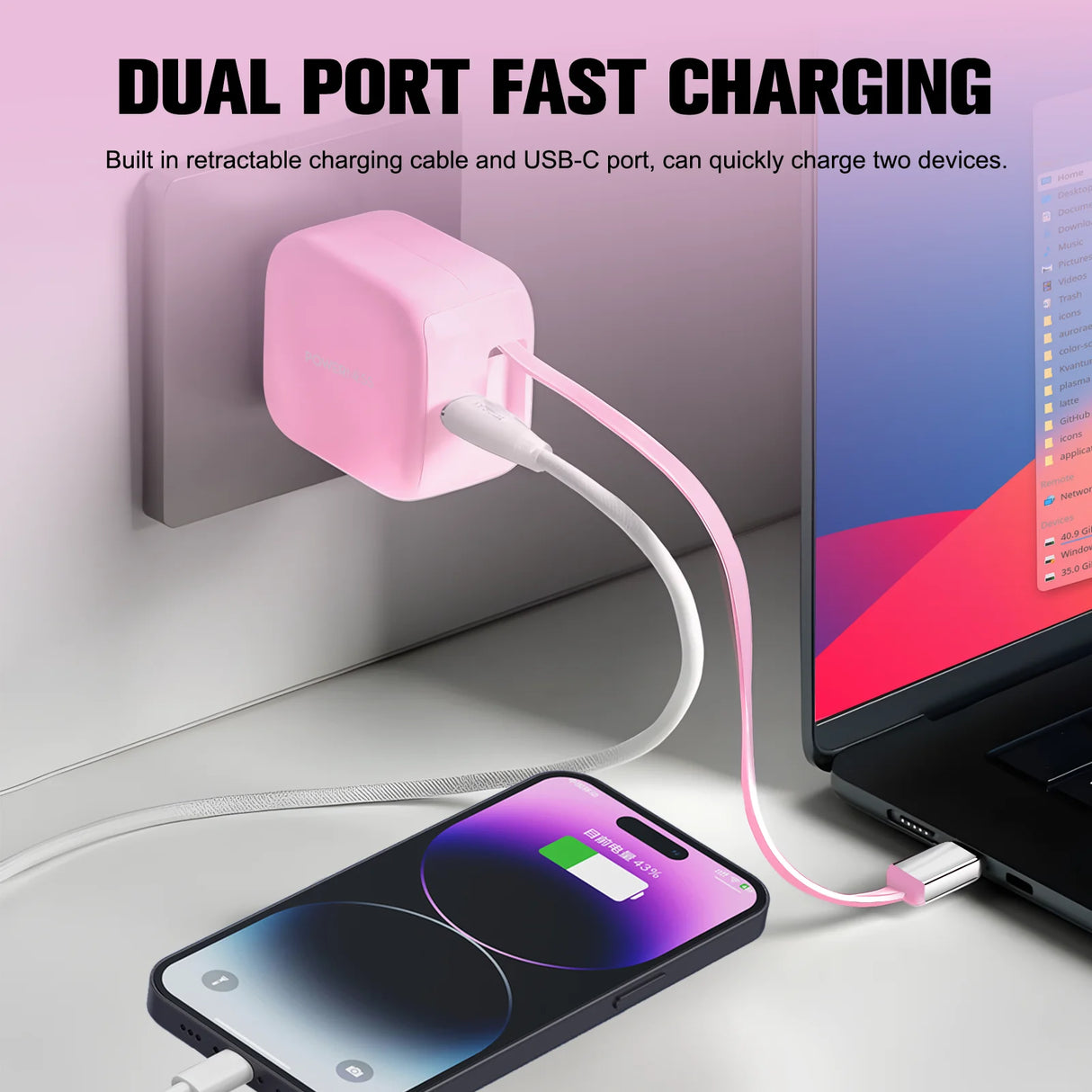 Howens Phone Fast Charger USB-C Type-C Adapter 35W, Up to 60cm Cable Length Retractable, Traveling Charger for iPhone Xiaomi, US UK Plug