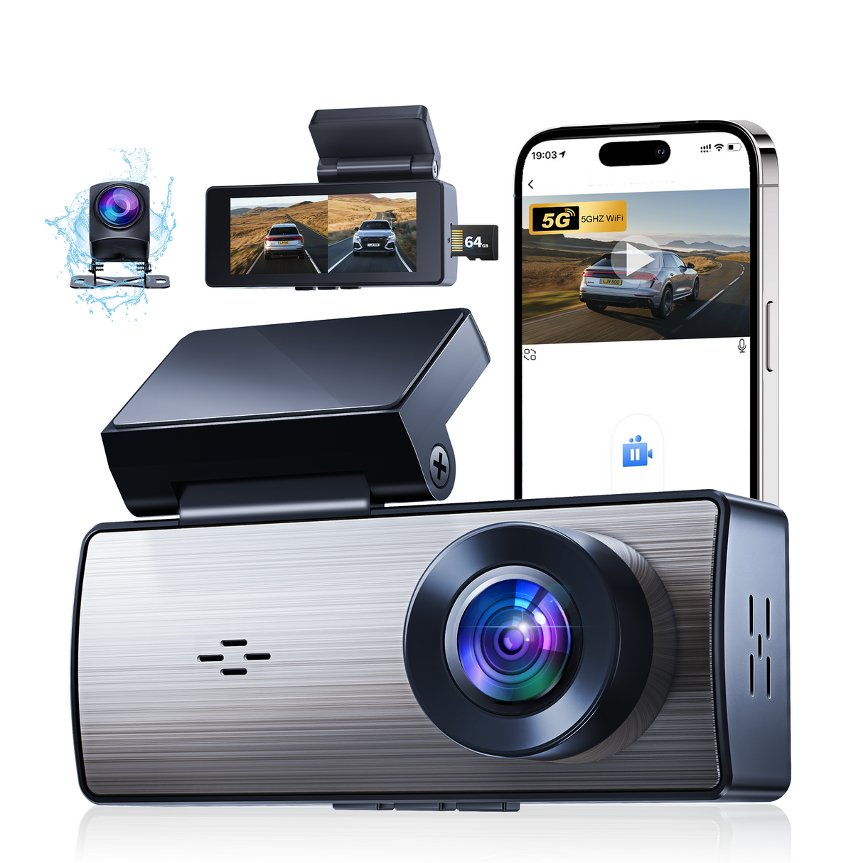 Prystivue 4K+2K Ultra HD Dash, 5GHz WiFi Dual Car Camera