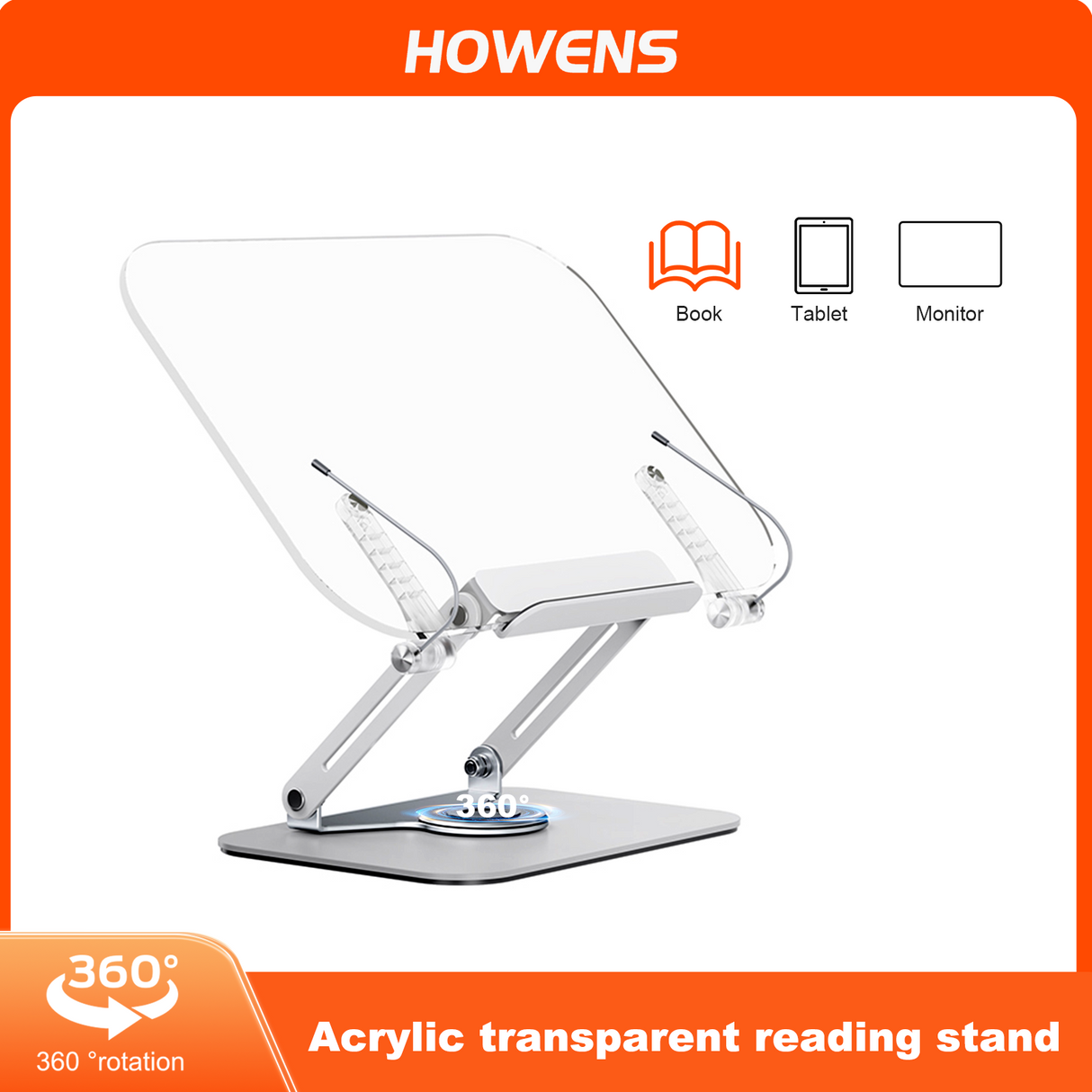 Howens Acrylic Transparent Reading Stand, 360° Rotation & Adjustable Angle for Books Tablets Monitors Laptop