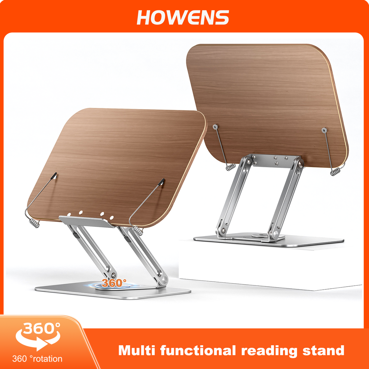 Howens 360° Rotating Foldable Reading Stand with Aluminum Support & Book Clip for Hands-free Reading