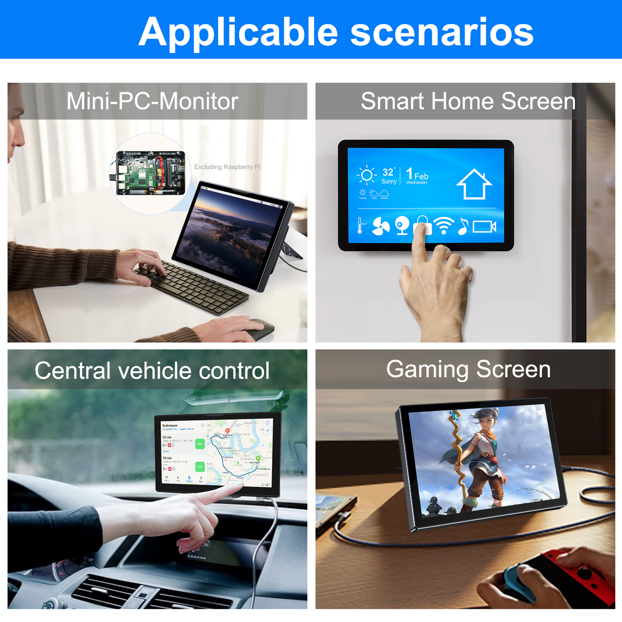 8‘’ Monitor for Raspberry Pi 4 3 Touchscreen 1280x800 16:10 Display HDMI USB Interface for Computer Program Monitors