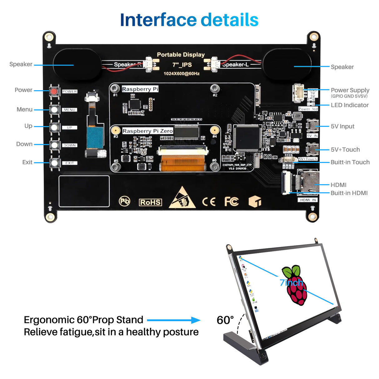 Raspberry Pi Portable Monitor/7‘’ HD Touchscreen/1024X600 IPS Panel/Dual Speakers,USB,HDMI Ports/Compatible with Raspberry Pi B+/Zero/5/4/3/2/1//3B+/3A+/Windows