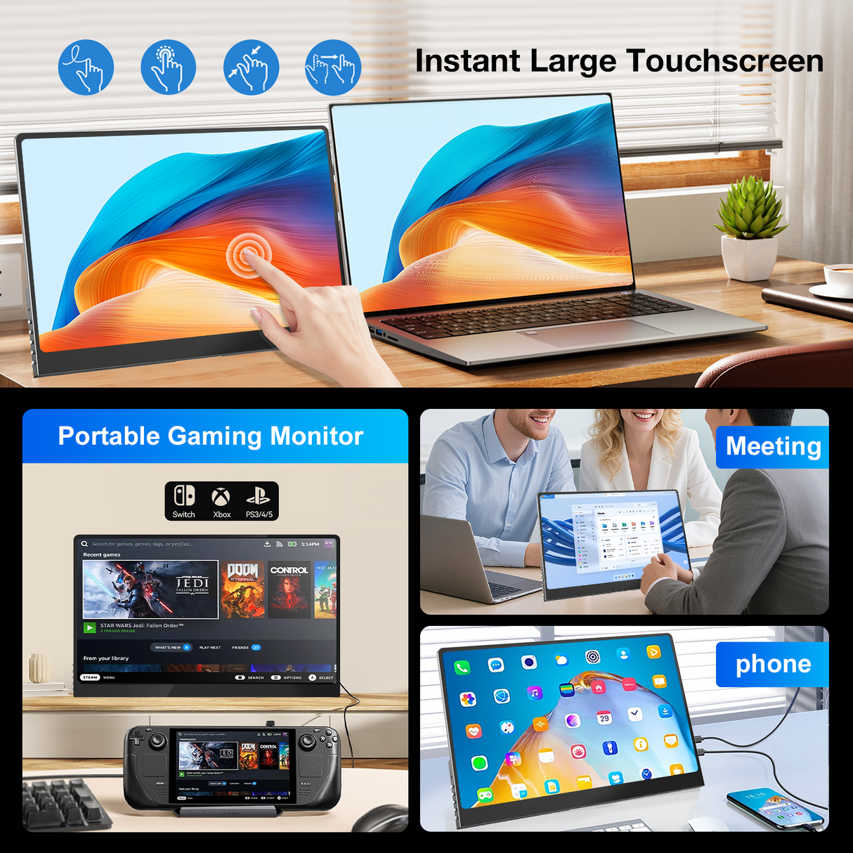 Howens 14 inch Portable Monitor OLED 3K 120Hz 2880*1800 Low Blue Light HDR Display Touchscreen for Laptop Gaming Monitor PS Switch Xbox