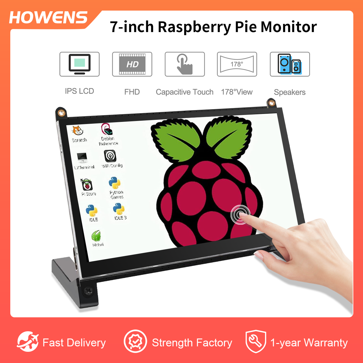 Raspberry Pi Portable Monitor/7‘’ HD Touchscreen/1024X600 IPS Panel/Dual Speakers,USB,HDMI Ports/Compatible with Raspberry Pi B+/Zero/5/4/3/2/1//3B+/3A+/Windows