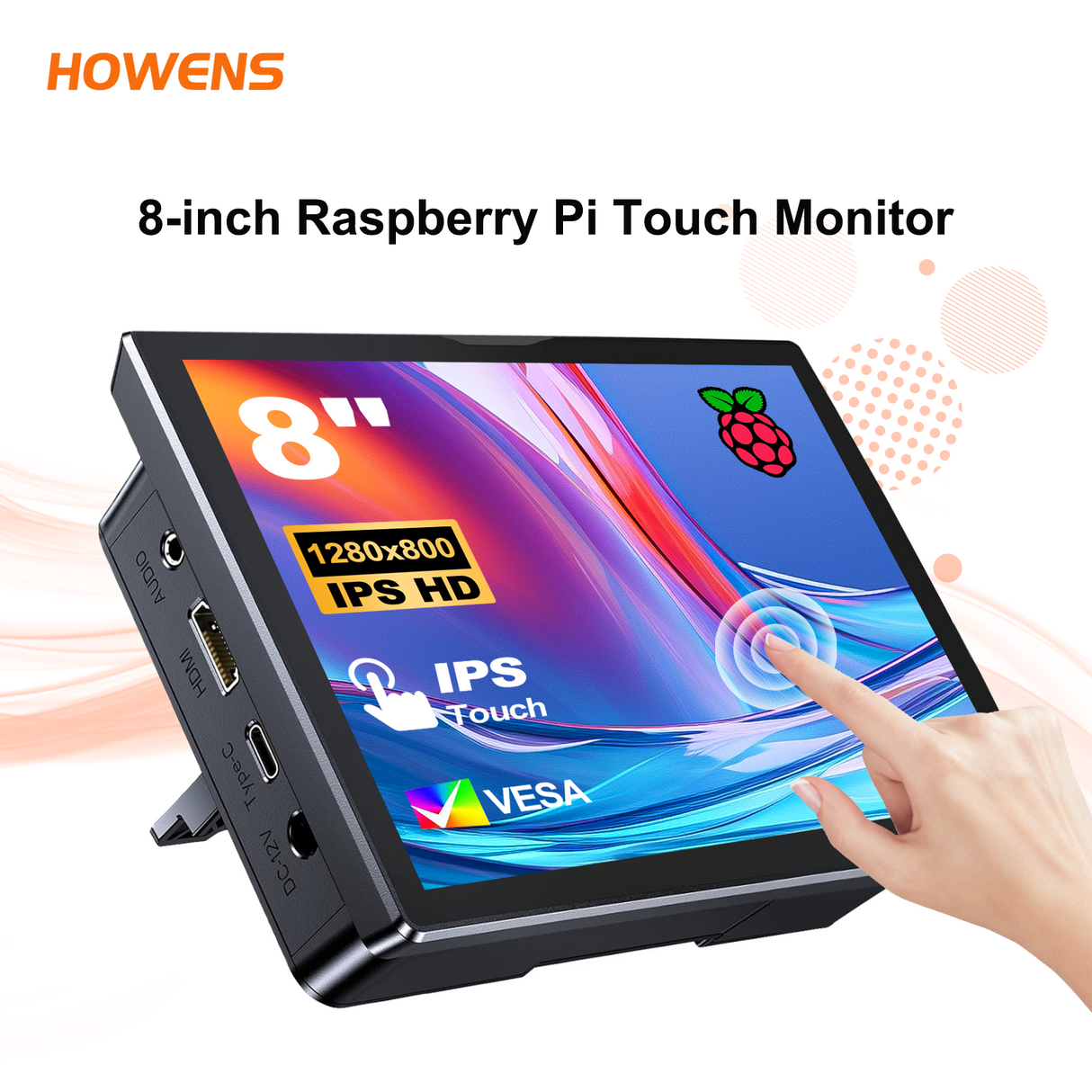 Howens 8" Monitor for Raspberry Pi 5 4 3 Touchscreen 1280x800 16:10 Display HDMI USB Interface for Computer Program Built-in Fans Speakers