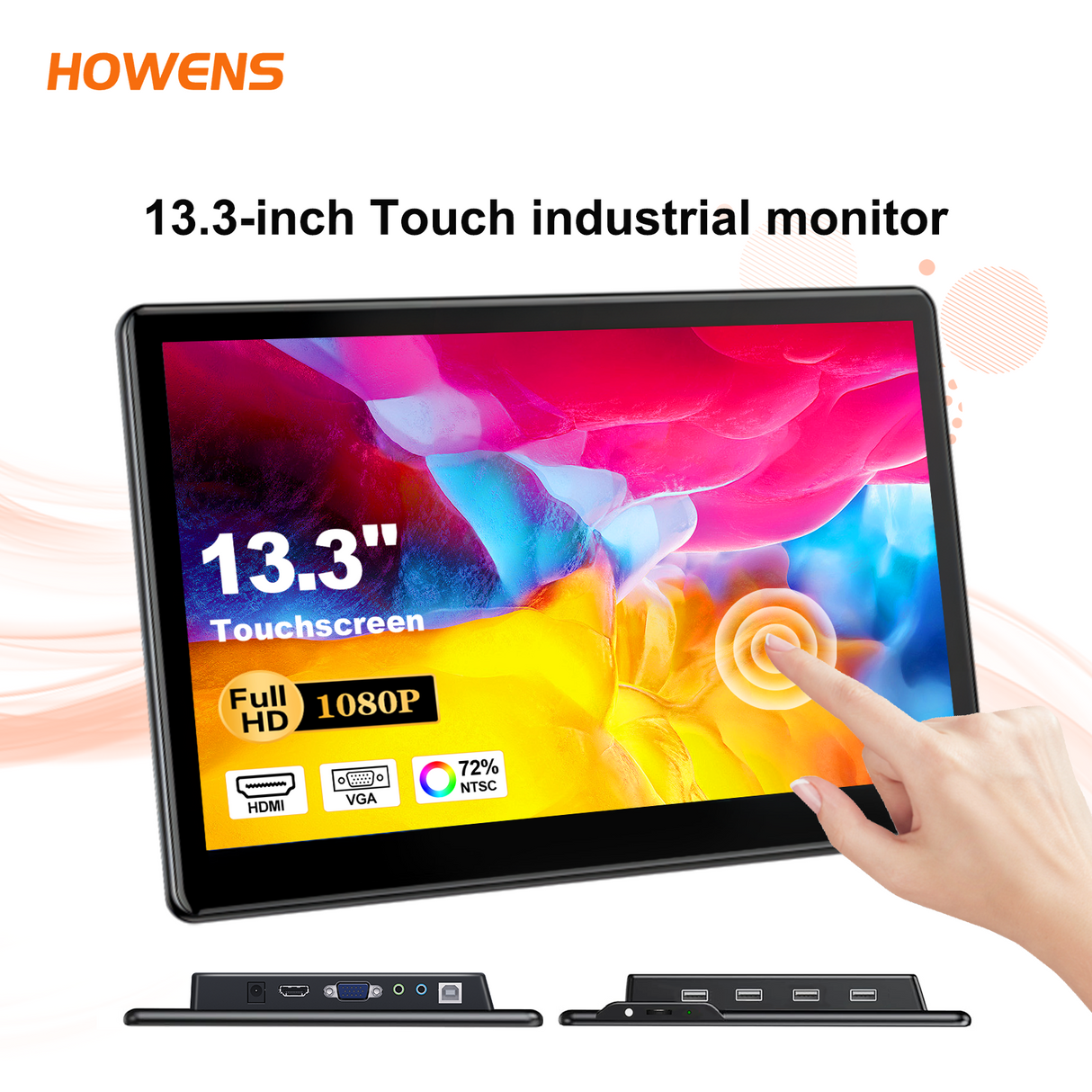 Howens 13.3" Touch Portable Monitor 1920 x1080 IPS Display Touchscreen With Speaker HDMI Type-C Audio In/Out VGA USB for Laptop CCTV
