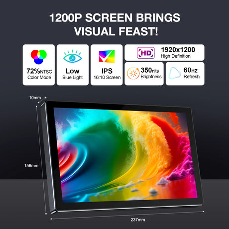 Howens 10.1 inch 1920x1200 portable Monitor, Support Typc-c/HDMI，Leather Case VESA 75*75mm, for Mobile Phone Laptops PC Car Computer